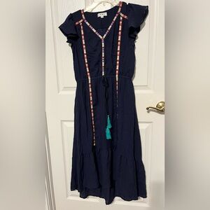 THML midi high low hem women’s navy blue dress EUC size small